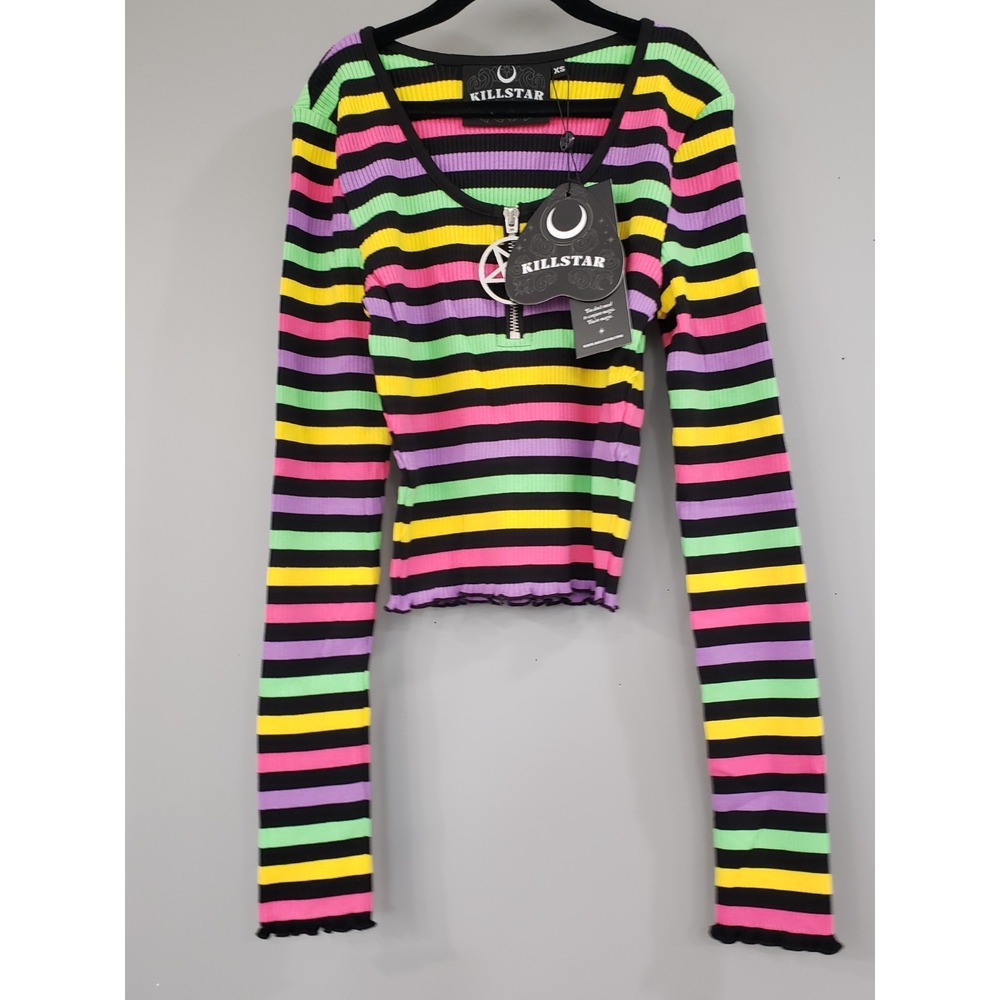 NEW XS Killstar Striped Crop top Pentagram punk gothic emo witchy rainbow sleeve